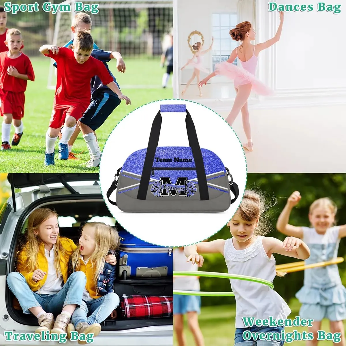 Personalized Cheerleader Bag Duffel Bag for Girls, Custom Cheer Bag Overnight Bags for Gymnastics Travel Weekender Grey Blue