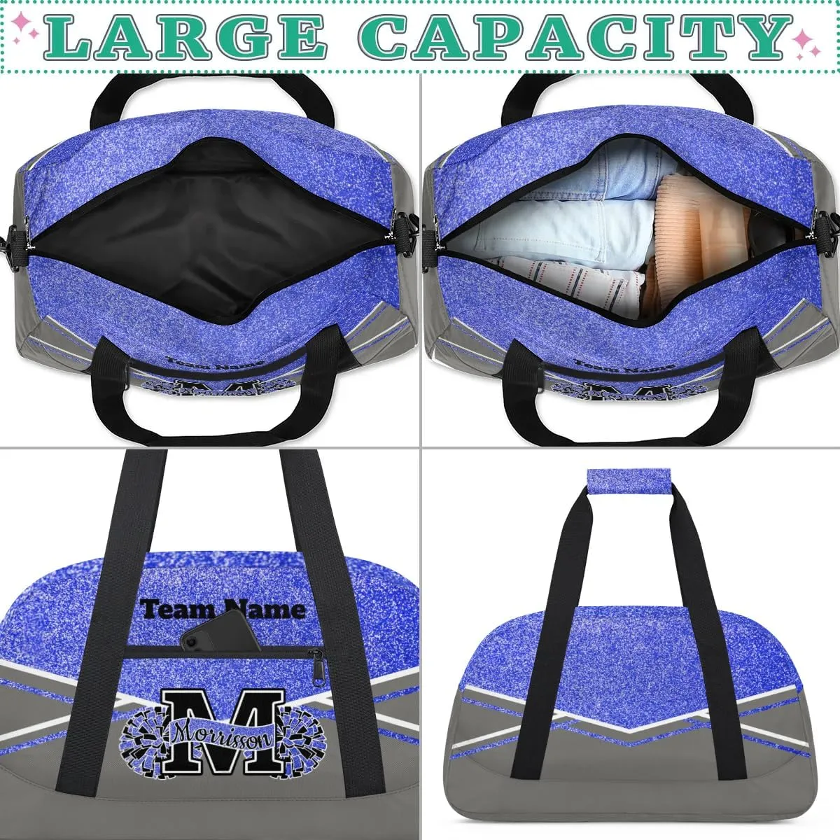 Personalized Cheerleader Bag Duffel Bag for Girls, Custom Cheer Bag Overnight Bags for Gymnastics Travel Weekender Grey Blue