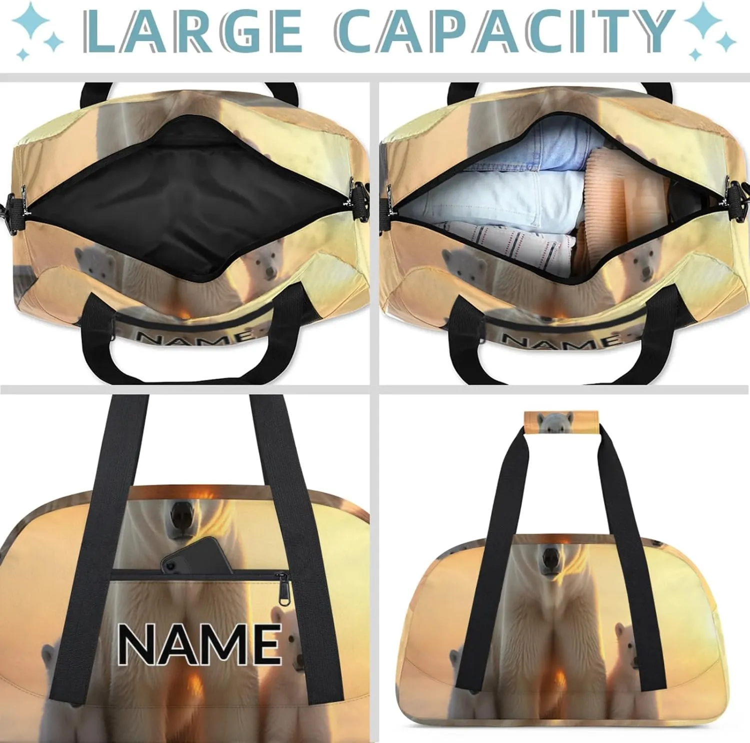 Personalized Custom Cute Polar Bear Gym Bag for Women Men Carry on Travel Duffel Tote Wild Animals Snowy Overnight Workout Weekender Bag