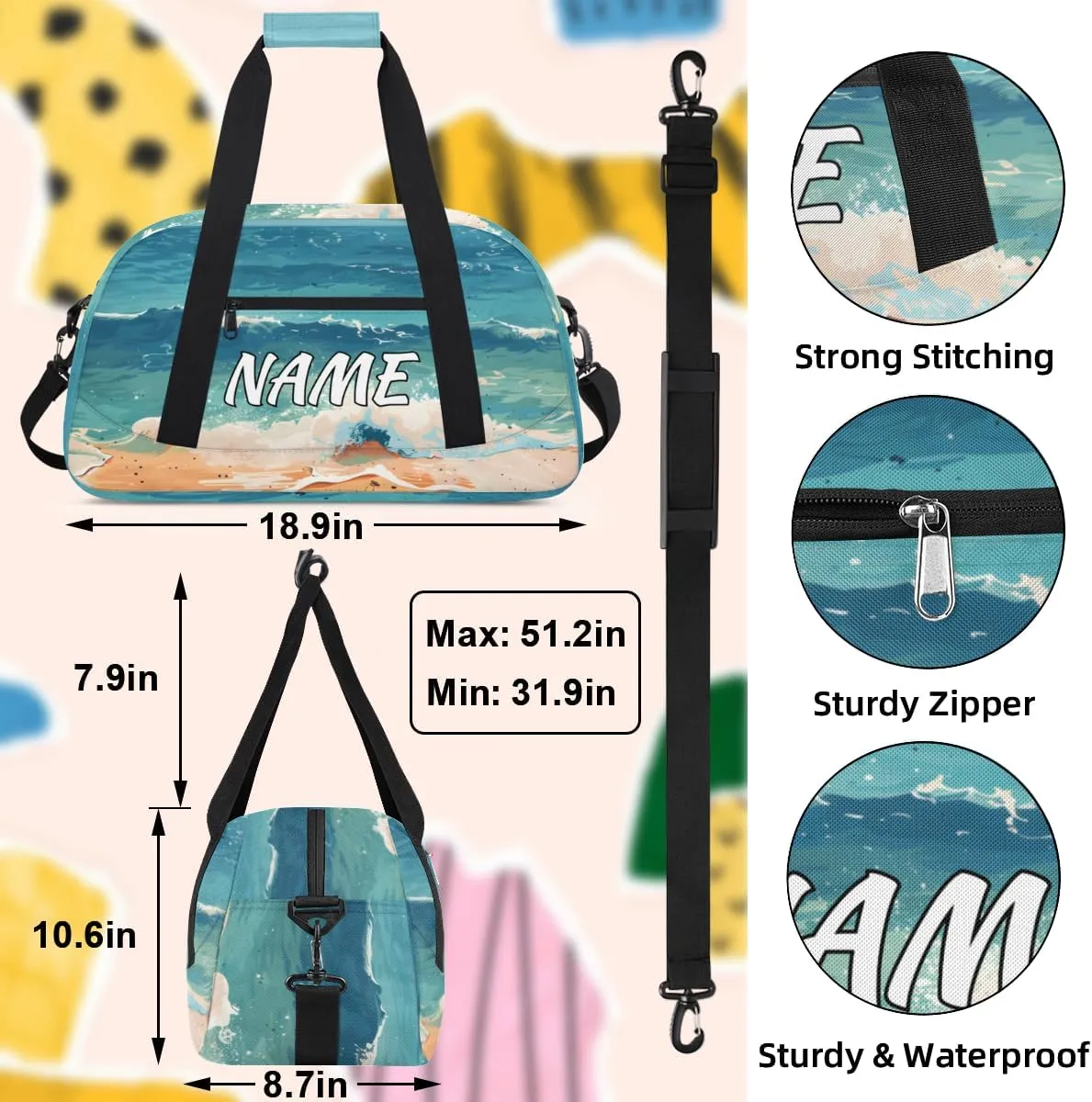 Personalized Custom Gym Bag for Women Men Carry on Nature Beach Travel Duffel Tote Ocean Seaside Overnight Workout Weekender Bag