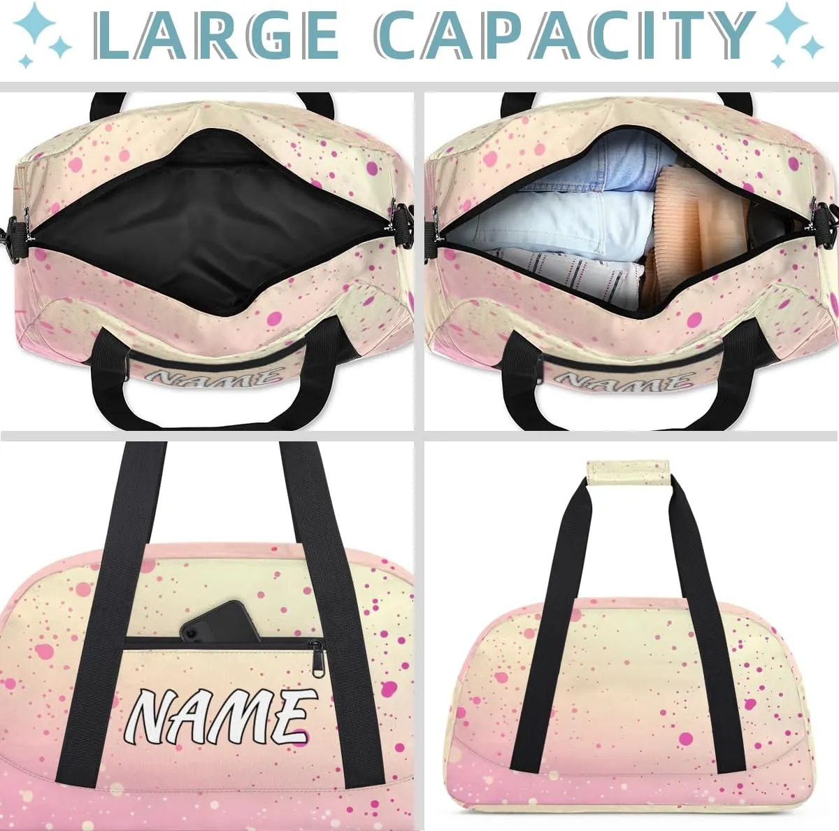 Personalized Custom Gym Bag for Women Men Carry on Pink Gradient Travel Duffel Tote Polka Dots Overnight Workout Weekender Bag