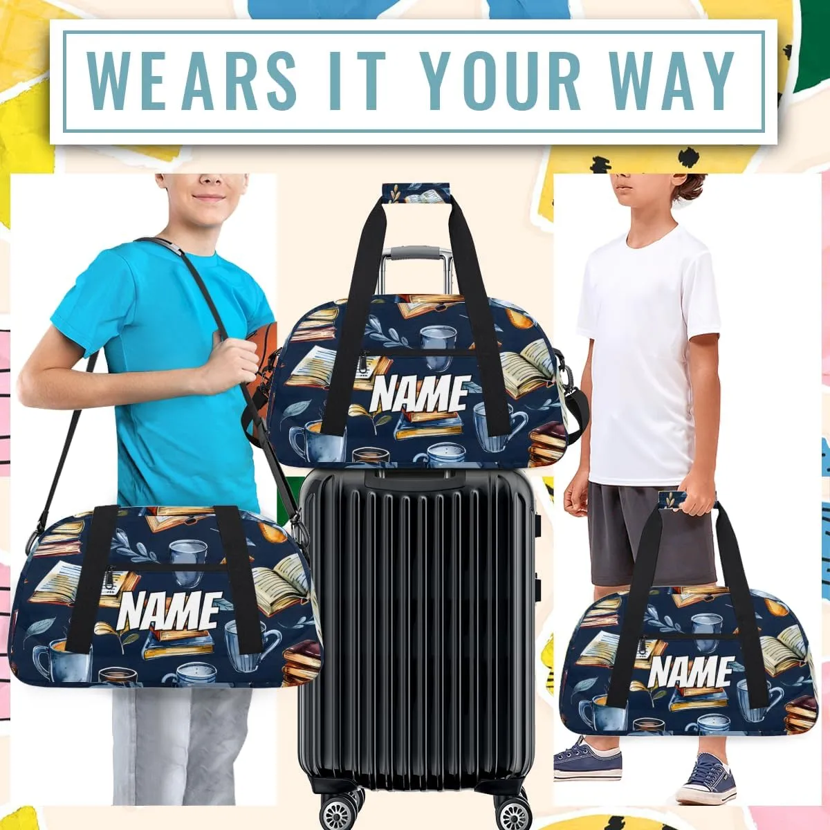 Personalized Custom Gym Bag for Women Men Carry on Retro Coffee Book Travel Duffel Tote Library Theme Overnight Workout Weekender Bag
