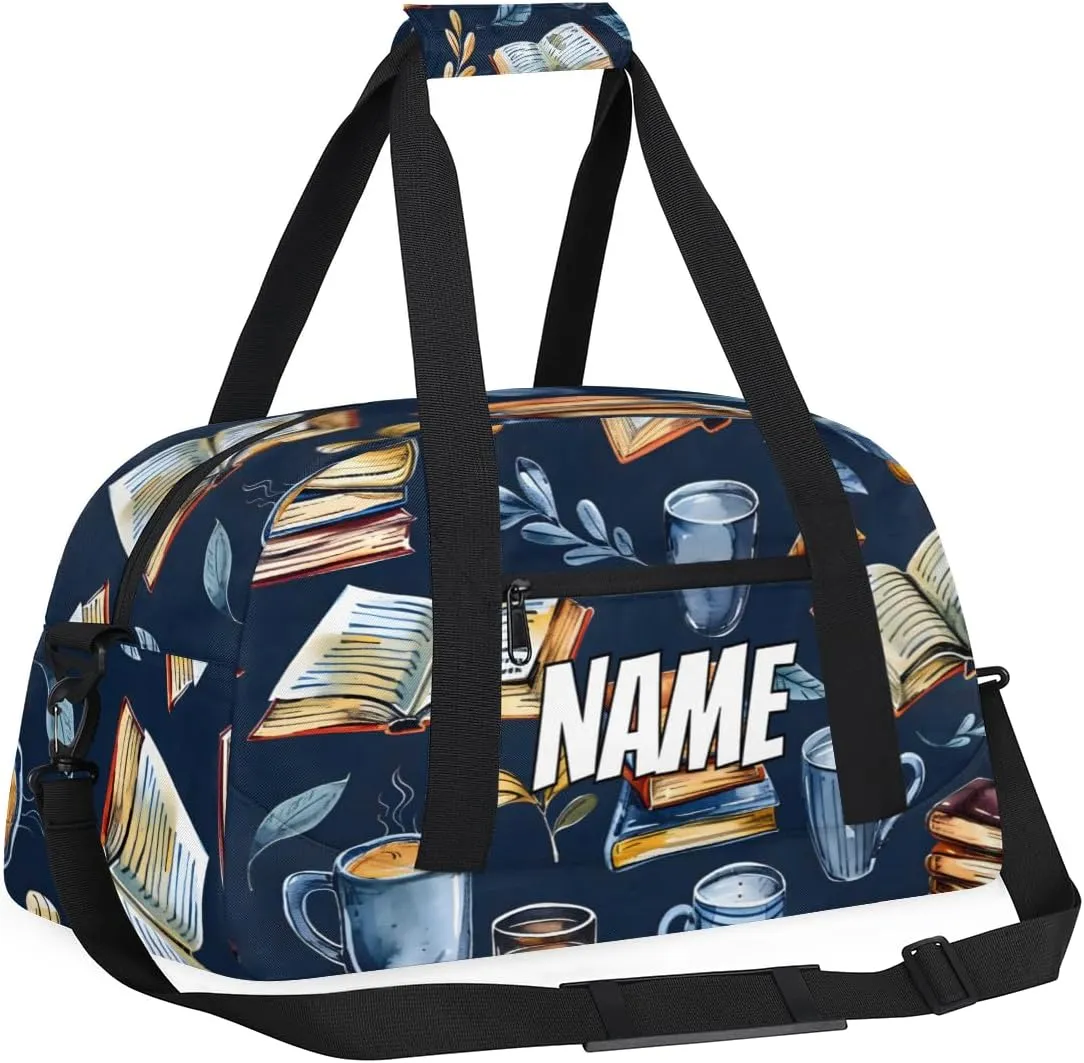 Personalized Custom Gym Bag for Women Men Carry on Retro Coffee Book Travel Duffel Tote Library Theme Overnight Workout Weekender Bag