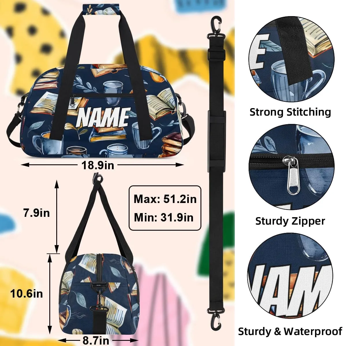 Personalized Custom Gym Bag for Women Men Carry on Retro Coffee Book Travel Duffel Tote Library Theme Overnight Workout Weekender Bag