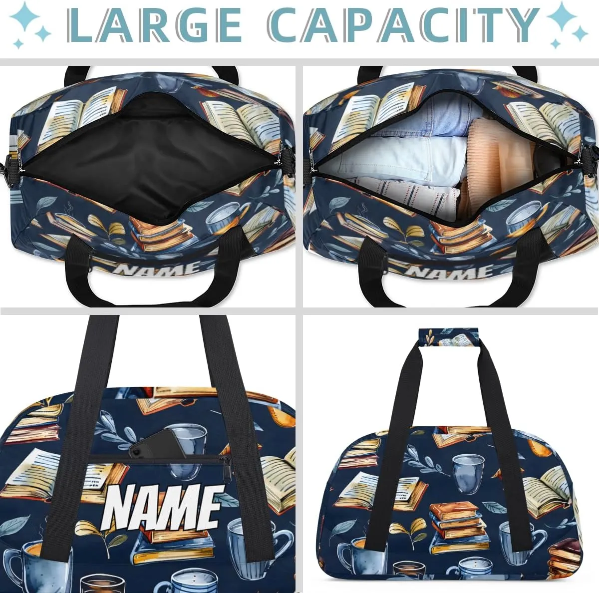 Personalized Custom Gym Bag for Women Men Carry on Retro Coffee Book Travel Duffel Tote Library Theme Overnight Workout Weekender Bag