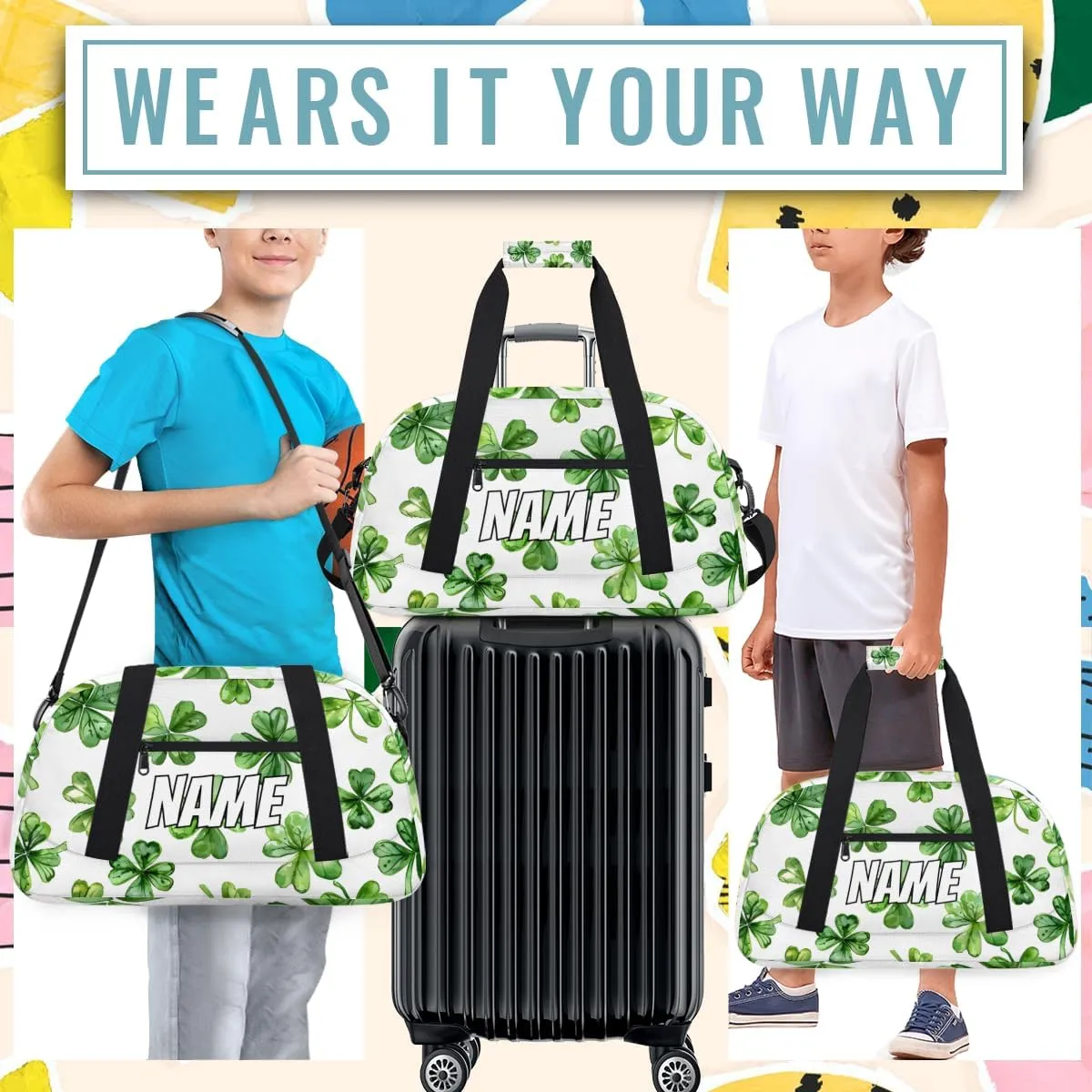 Personalized Custom Gym Bag for Women Men Carry on St. Patrick's Day Travel Duffel Tote Green Lucky Shamrock Overnight Workout Weekender Bag