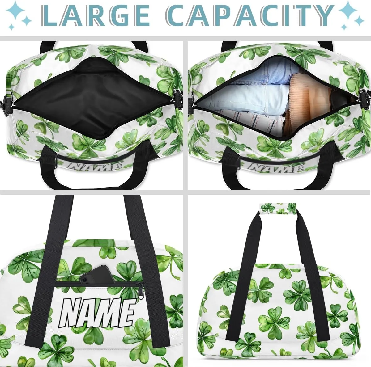 Personalized Custom Gym Bag for Women Men Carry on St. Patrick's Day Travel Duffel Tote Green Lucky Shamrock Overnight Workout Weekender Bag
