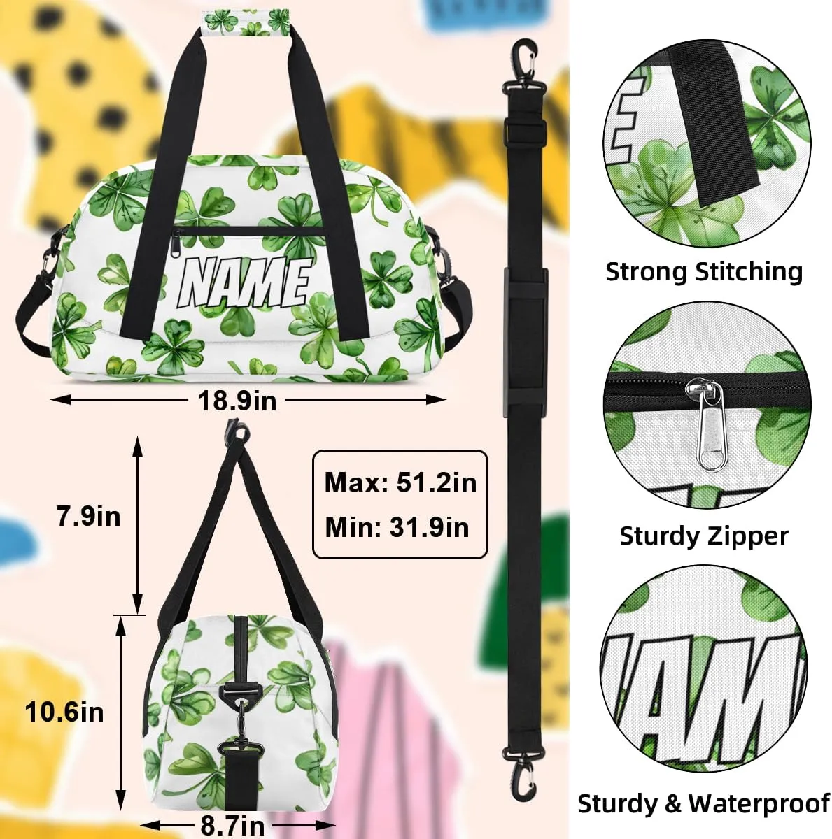 Personalized Custom Gym Bag for Women Men Carry on St. Patrick's Day Travel Duffel Tote Green Lucky Shamrock Overnight Workout Weekender Bag