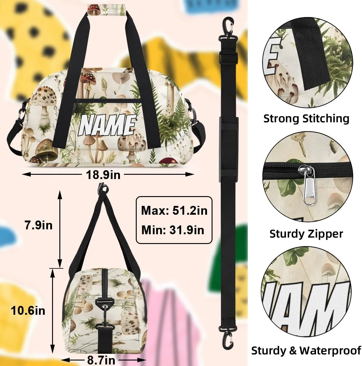 Personalized Custom Gym Bag for Women Men Carry on Various Mushroom Travel Duffel Tote Spring Plant Overnight Workout Weekender Bag