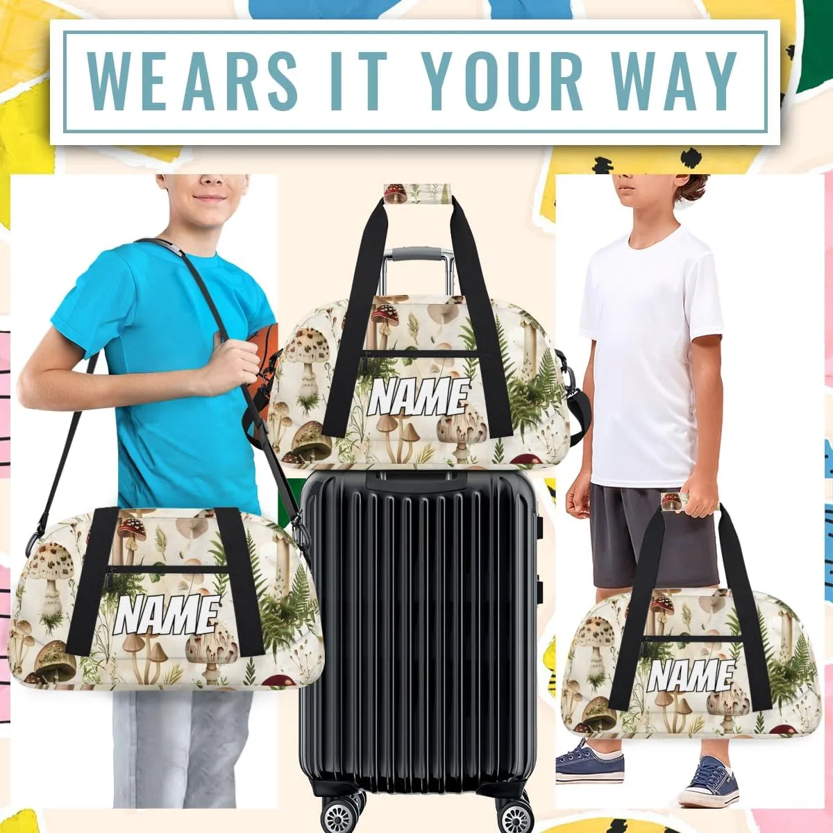 Personalized Custom Gym Bag for Women Men Carry on Various Mushroom Travel Duffel Tote Spring Plant Overnight Workout Weekender Bag