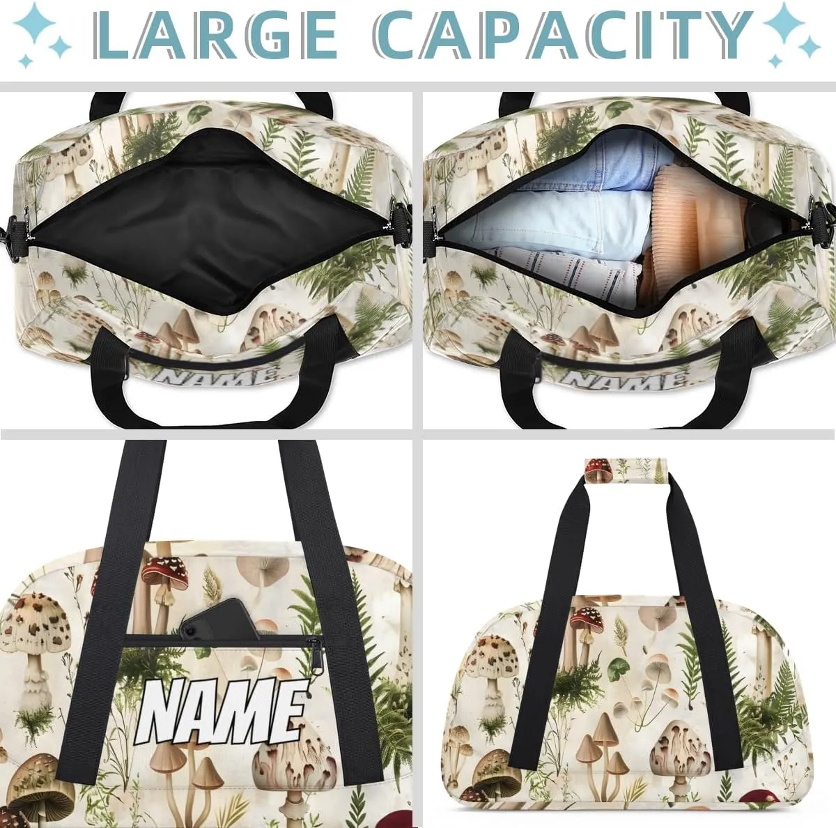 Personalized Custom Gym Bag for Women Men Carry on Various Mushroom Travel Duffel Tote Spring Plant Overnight Workout Weekender Bag