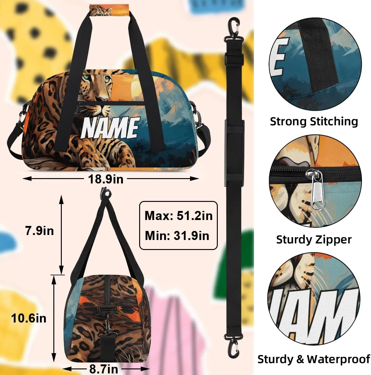 Personalized Custom Gym Bag for Women Men Carry on Wild Leopard Travel Duffel Tote Wildlife Animal Overnight Workout Weekender Bag