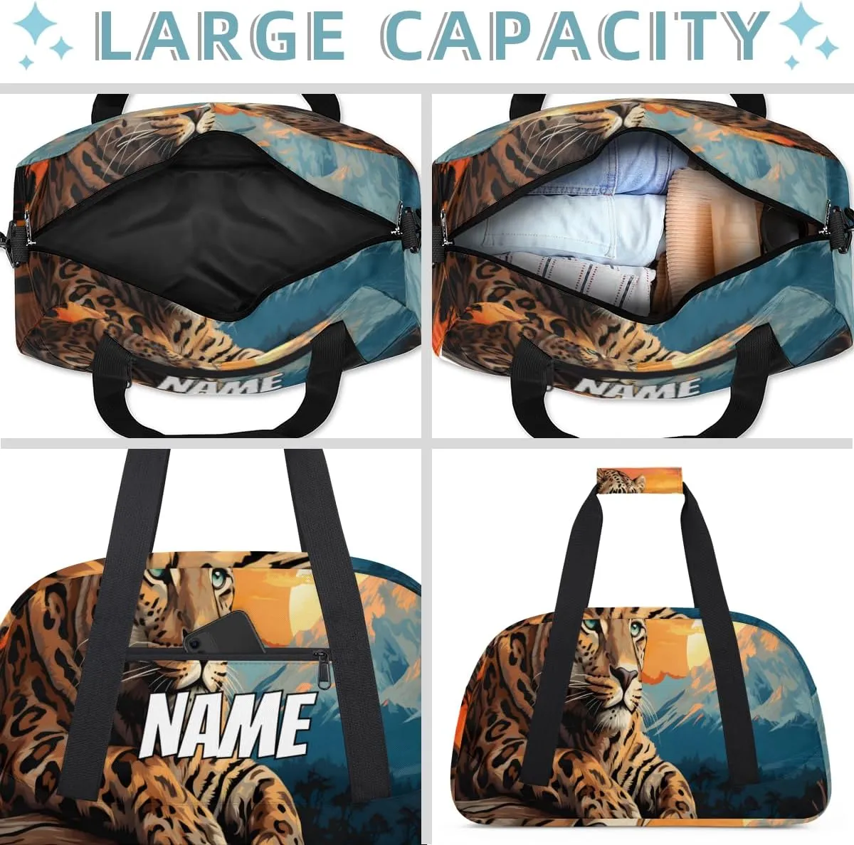 Personalized Custom Gym Bag for Women Men Carry on Wild Leopard Travel Duffel Tote Wildlife Animal Overnight Workout Weekender Bag