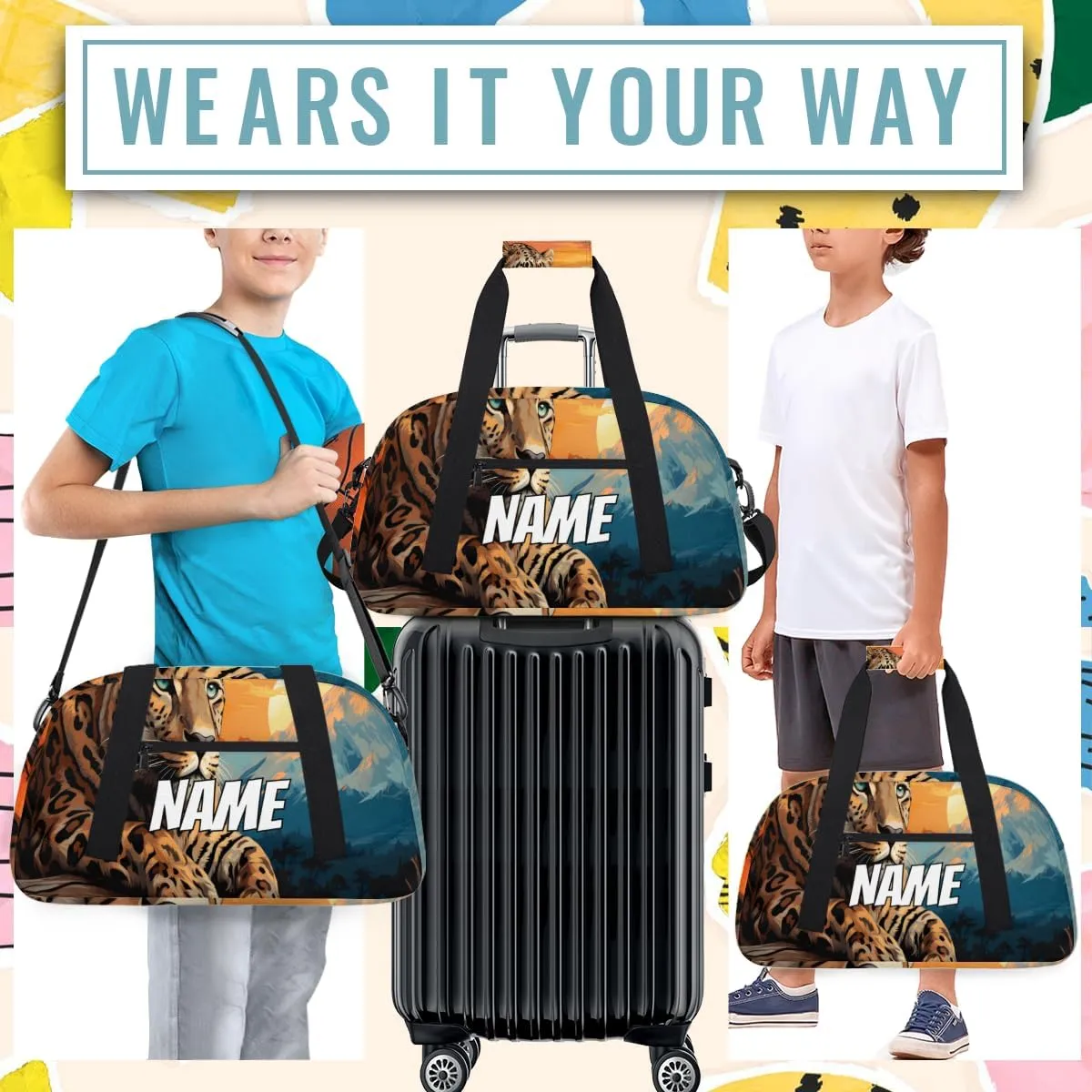 Personalized Custom Gym Bag for Women Men Carry on Wild Leopard Travel Duffel Tote Wildlife Animal Overnight Workout Weekender Bag