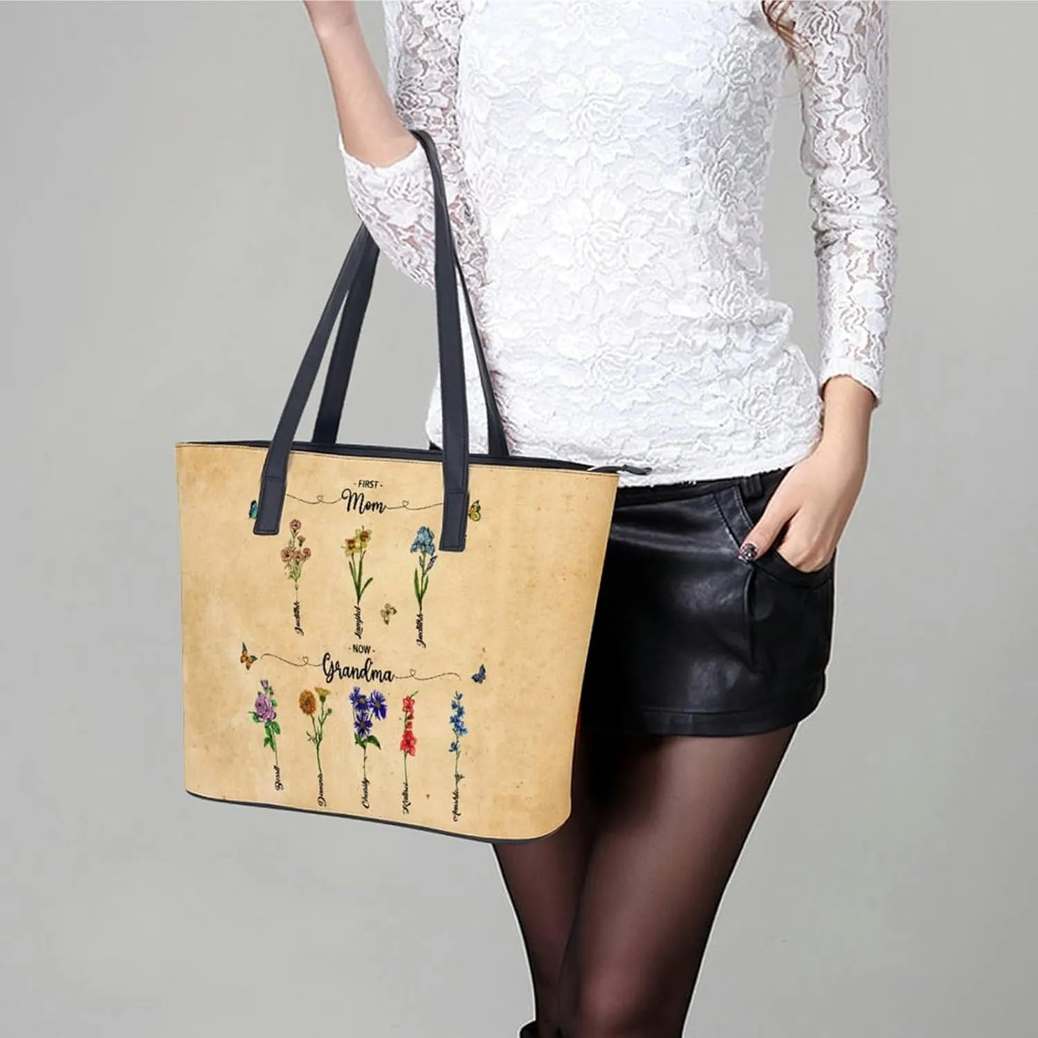 Personalized Custom Leather Tote Bag Handbags with Birth Month Flowers Name,Mothers Day Gift for Mom Grandma