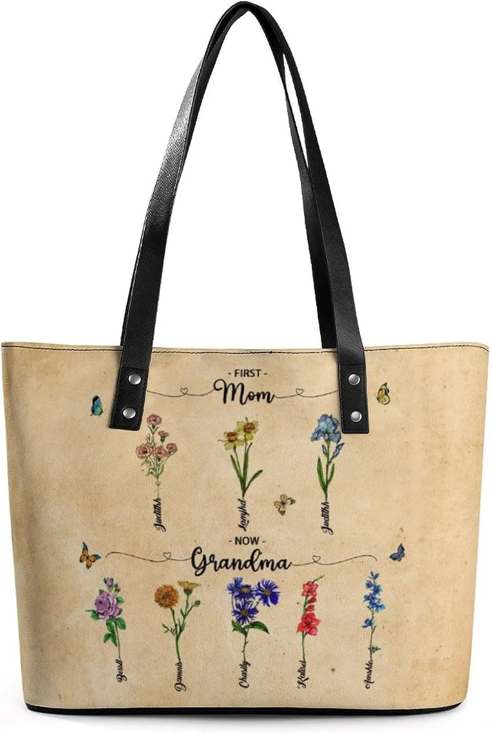 Personalized Custom Leather Tote Bag Handbags with Birth Month Flowers Name,Mothers Day Gift for Mom Grandma