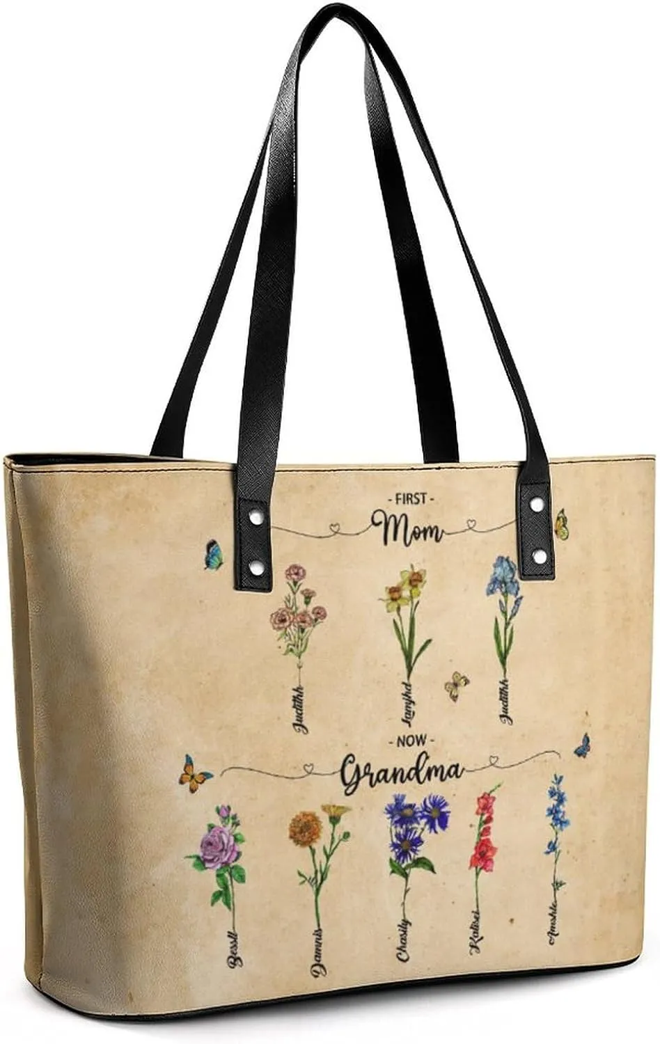 Personalized Custom Leather Tote Bag Handbags with Birth Month Flowers Name,Mothers Day Gift for Mom Grandma