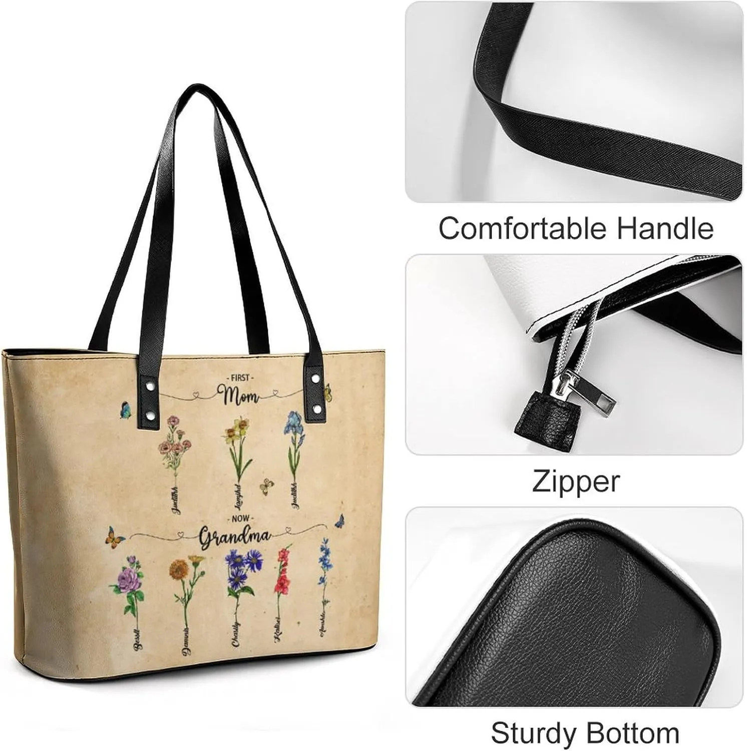 Personalized Custom Leather Tote Bag Handbags with Birth Month Flowers Name,Mothers Day Gift for Mom Grandma