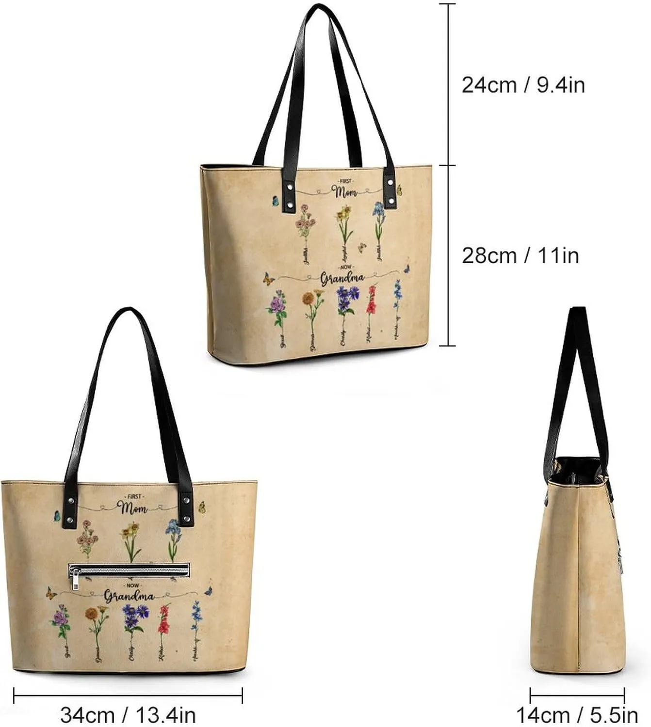 Personalized Custom Leather Tote Bag Handbags with Birth Month Flowers Name,Mothers Day Gift for Mom Grandma