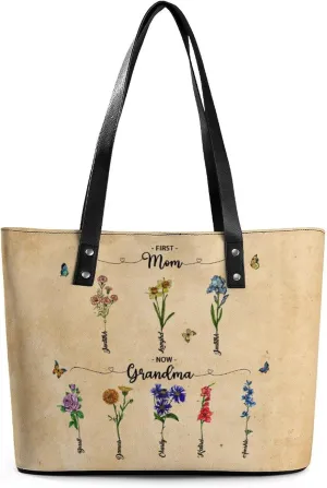Personalized Custom Leather Tote Bag Handbags with Birth Month Flowers Name,Mothers Day Gift for Mom Grandma
