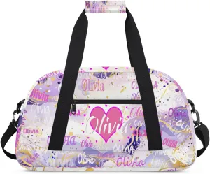 Personalized Duffel Bags Name, Dancing Girl Custom Weekender Overnight Bag Waterproof Gym Bag for Travel Girls, Abstract Purple and Gold Color Texture