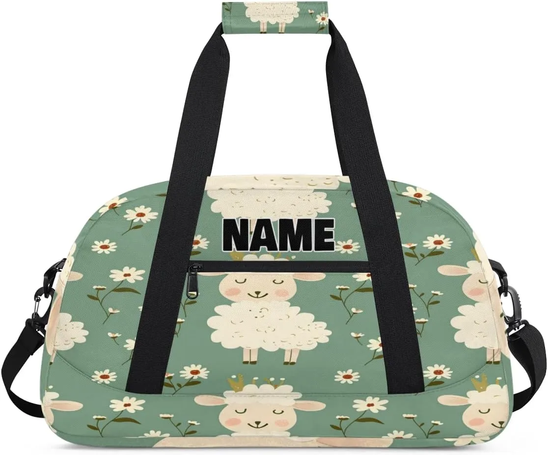 Personalized Gym Dance Bag with Name, Happy Cute Sheep Daisy Floral Custom Cheerleading Duffel Bag Travel Weekender Overnight Carry On Sleepover Bag