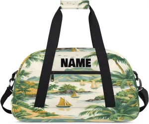 Personalized Gym Dance Bag with Name, Plants Palm Tree Boat Painting Village Custom Cheerleading Duffel Bag Travel Weekender Overnight Carry On Sleepover Bag