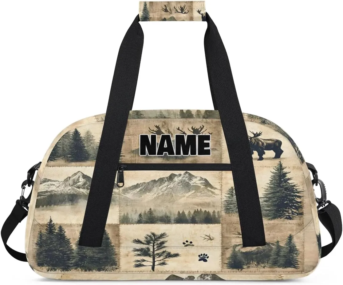 Personalized Gym Dance Bag with Name, Winter Forest Mountain Tree Highland Cow Custom Cheerleading Duffel Bag Travel Weekender Overnight Carry On Sleepover Bag