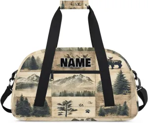 Personalized Gym Dance Bag with Name, Winter Forest Mountain Tree Highland Cow Custom Cheerleading Duffel Bag Travel Weekender Overnight Carry On Sleepover Bag