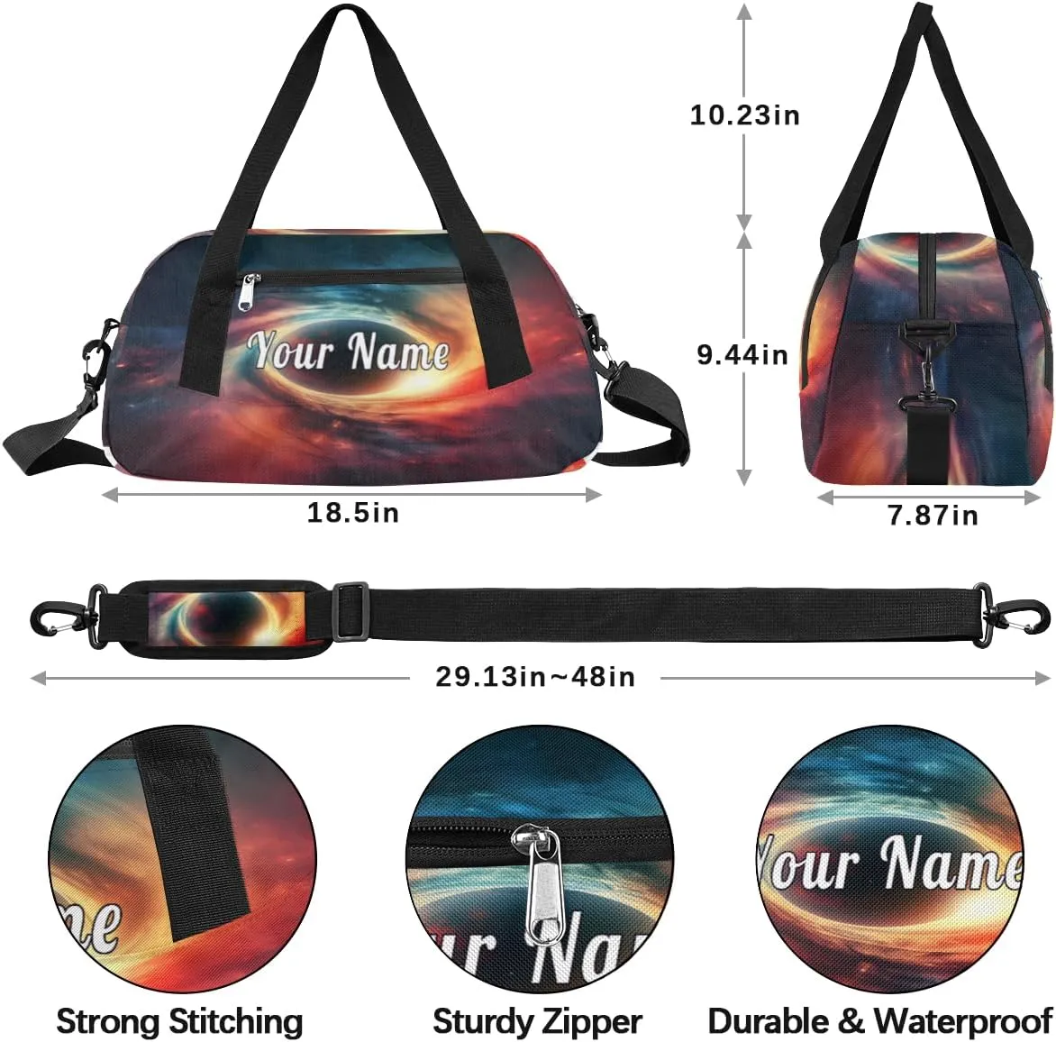 Personalized Kids Duffel Bag Art Painting Black Holes Galaxy,Custom Sport Gym Bag for Boys Girls,WWeekender Overnight Bags Travel Duffel Bag,Customized Kids Gift