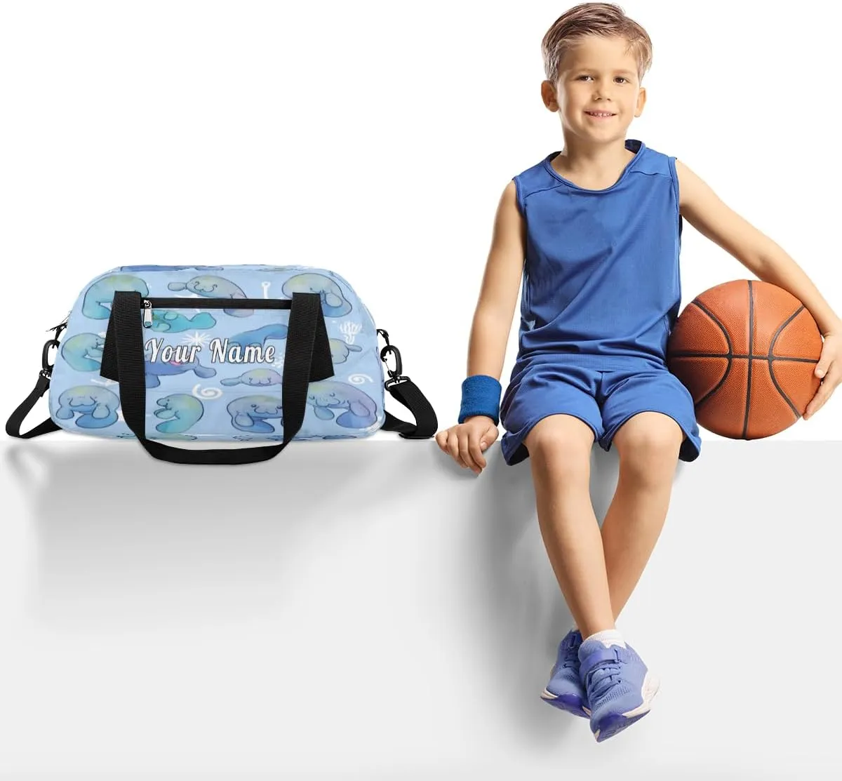 Personalized Kids Duffel Bag Ocean Sea Manatee,Custom Sport Gym Bag for Boys Girls,WWeekender Overnight Bags Travel Duffel Bag,Customized Kids Gift