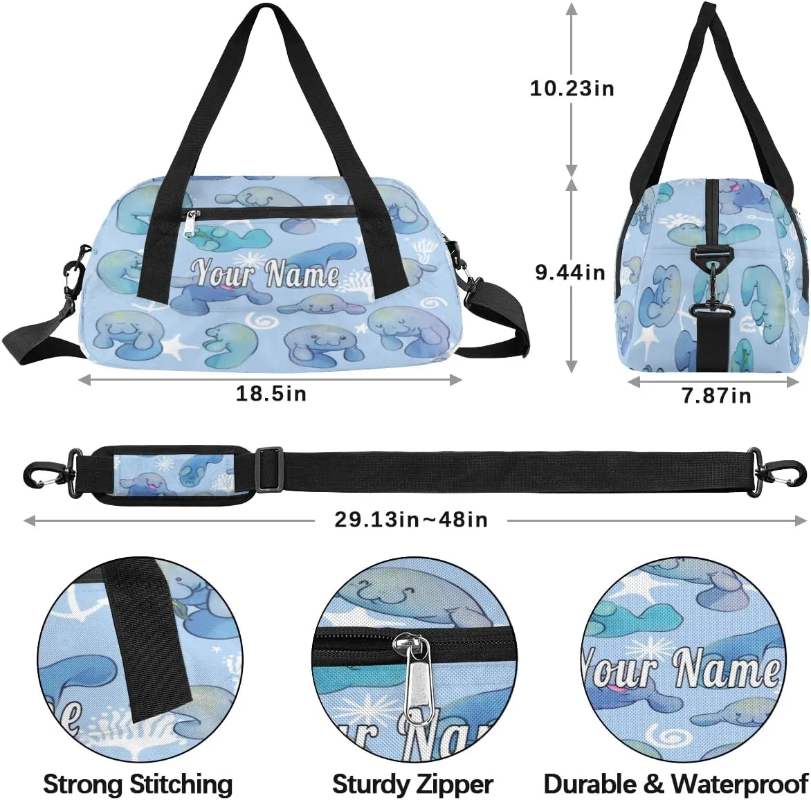 Personalized Kids Duffel Bag Ocean Sea Manatee,Custom Sport Gym Bag for Boys Girls,WWeekender Overnight Bags Travel Duffel Bag,Customized Kids Gift