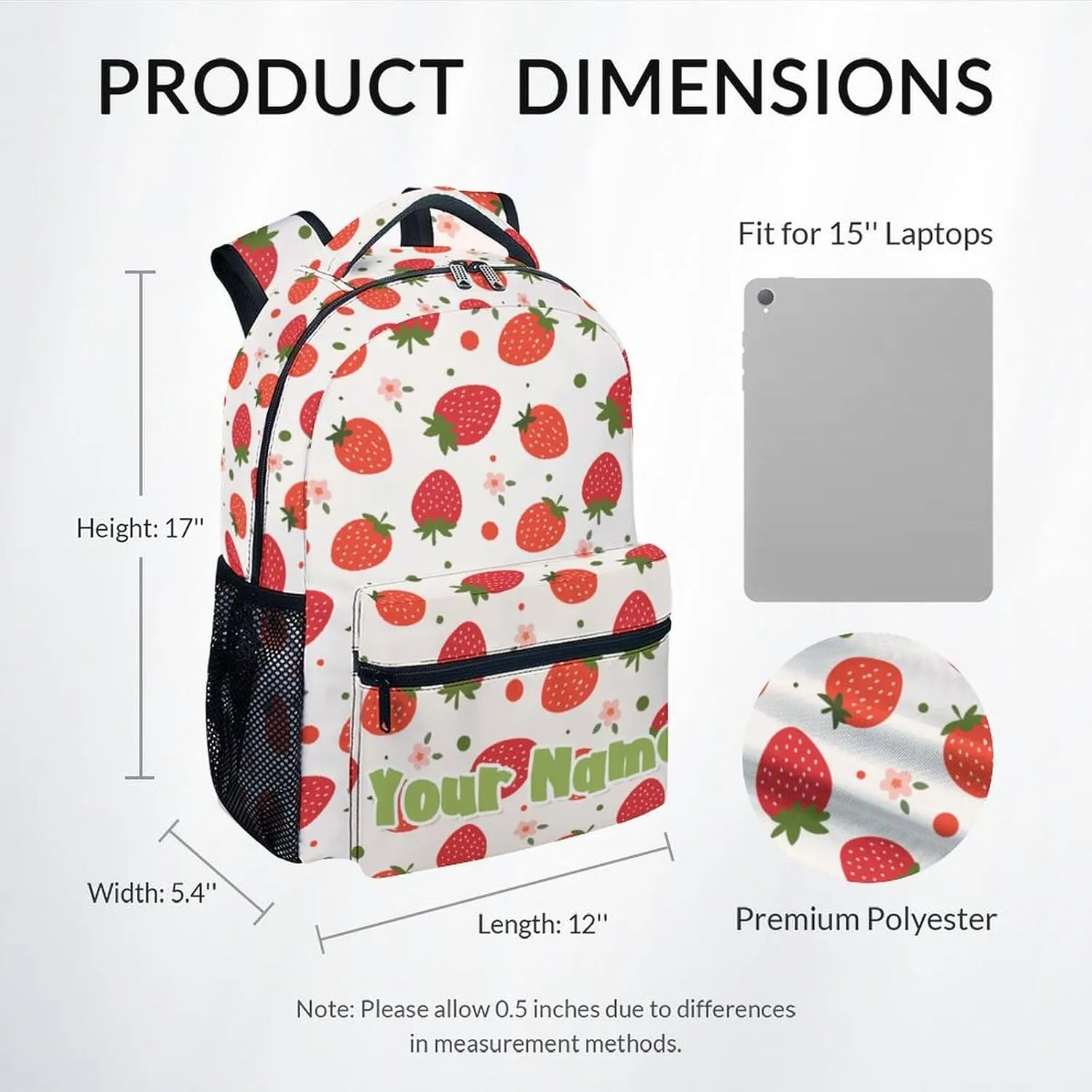 Personalized School Backpack for Girls - 17 Inch Large Capacity Aesthetic Kid Backpack - Pink Durable Strawberry Bookbag for School, Travel and Camp