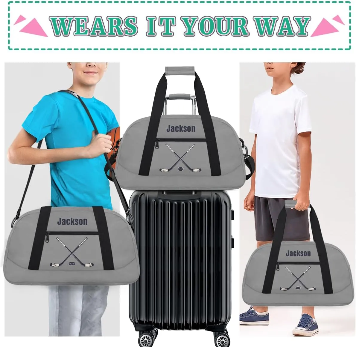 Personalized Sport Gym Bag for Boys,Custom Duffel Bag,Travel Weekender Overnight Tote Bag Carry On Duffel Bag,Customized Gift for Kids Hockey
