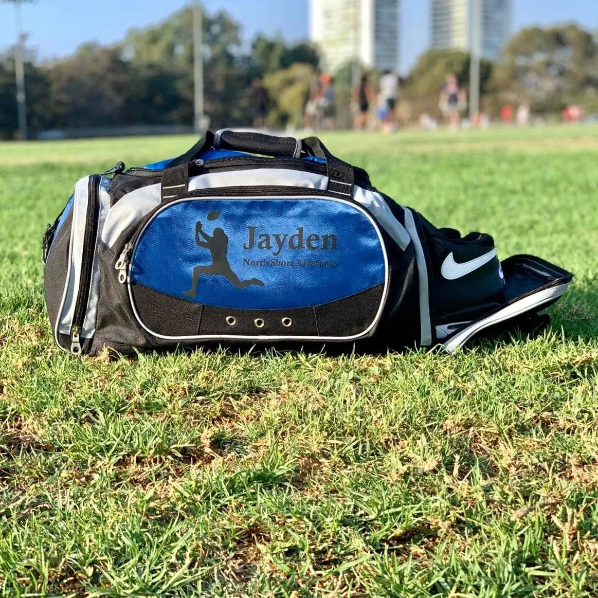 Personalized SportS Duffel Bag With Custom Name & Text - Track Blue