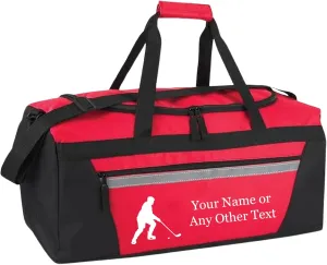 Personalized Sports Duffel Bags for Men and Women - 22” Customized Travel Duffle with Name & Hockey Design - Water Resistant Two-Toned Overnight Weekender Bag - Red
