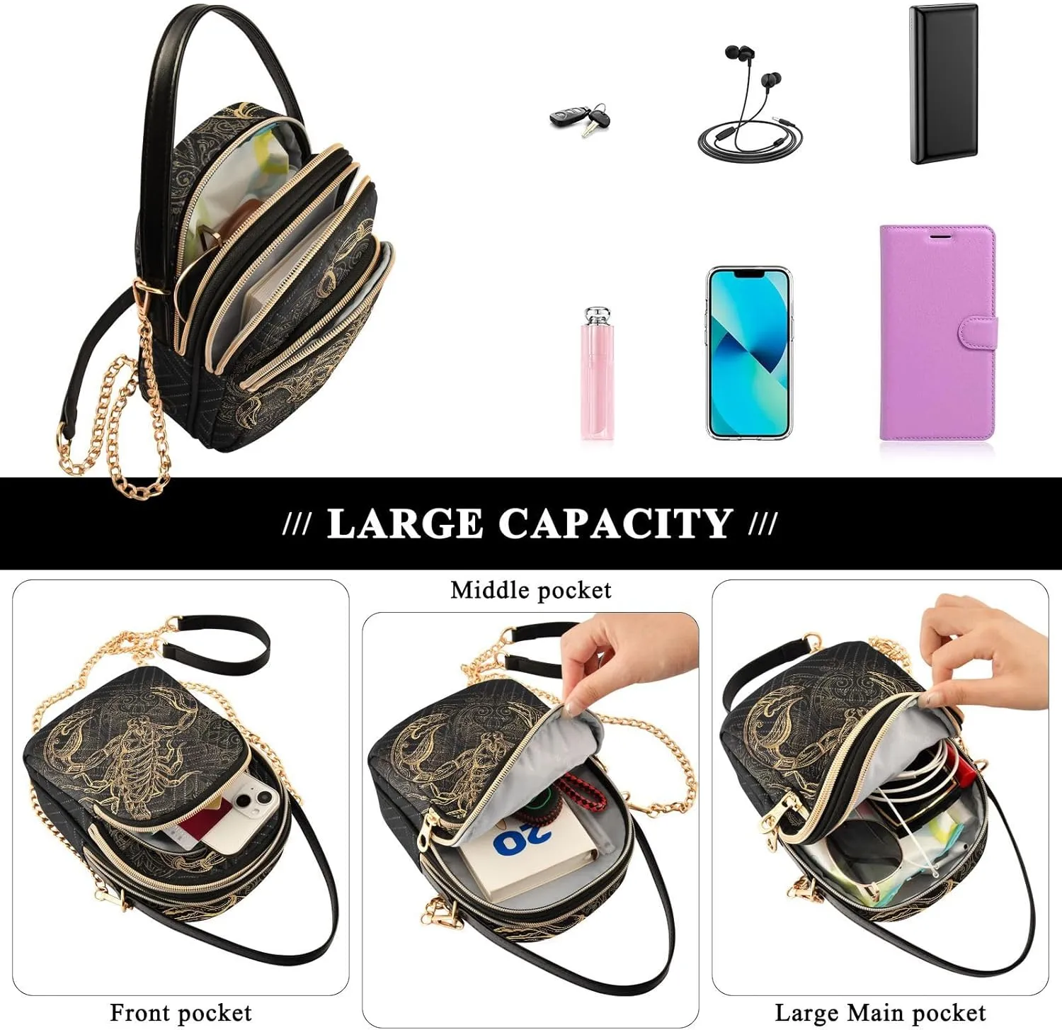 Phone Purses for Women Scorpion Casual Printing Shoulder Phone Purse Chain Purse for Women