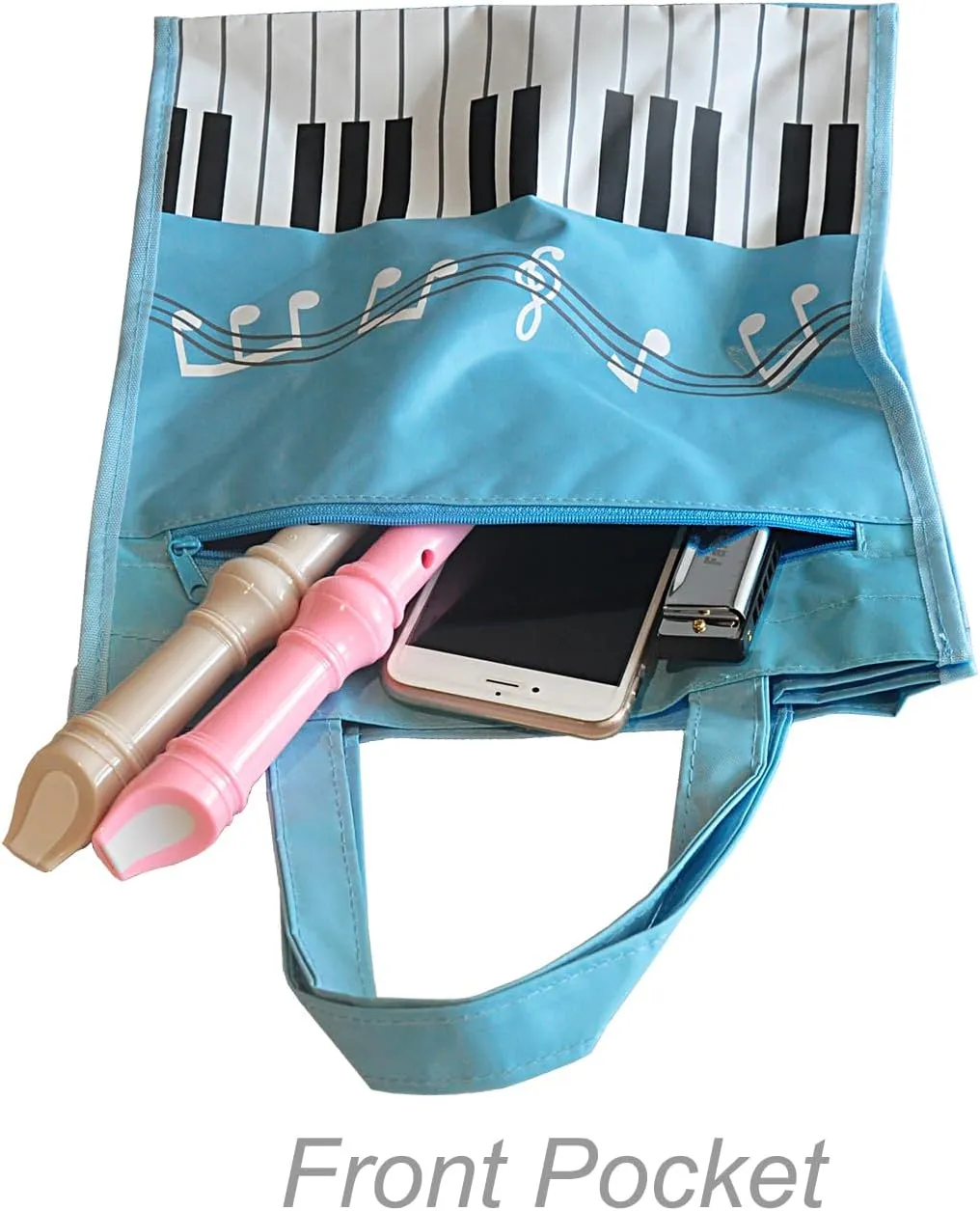 Piano Keys Handbag Music Tote Bag Nylon Waterproof Storing Books for Teacher Gifts (Black Light Blue)