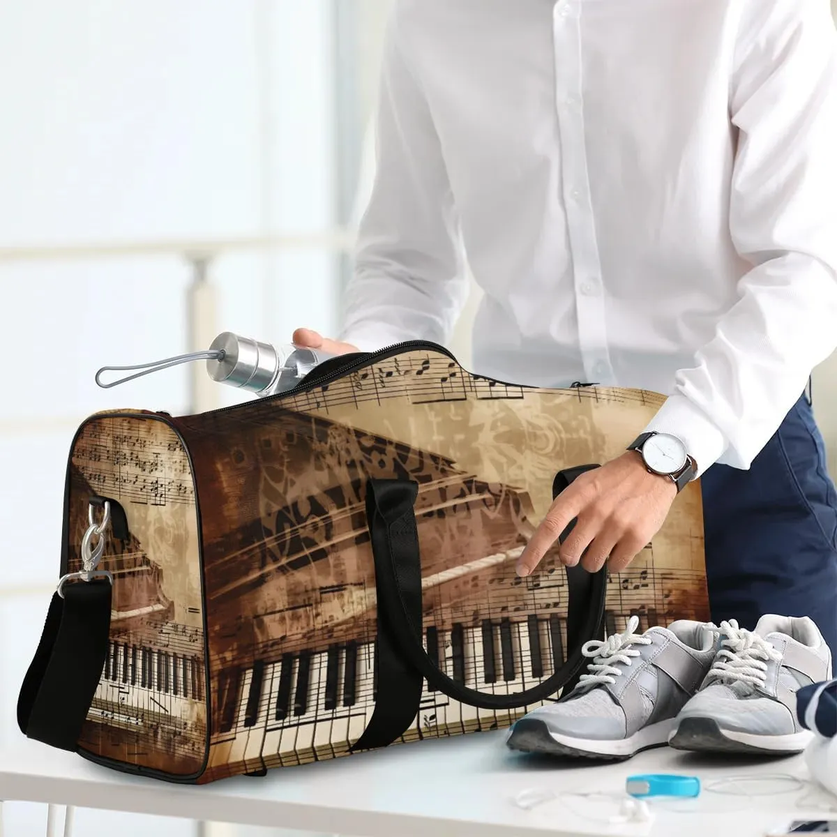 Piano Print Travel Duffel Bag for Women Men Waterproof Foldable Overnight Weekender Bag Large Capacity Sports Gym Bag