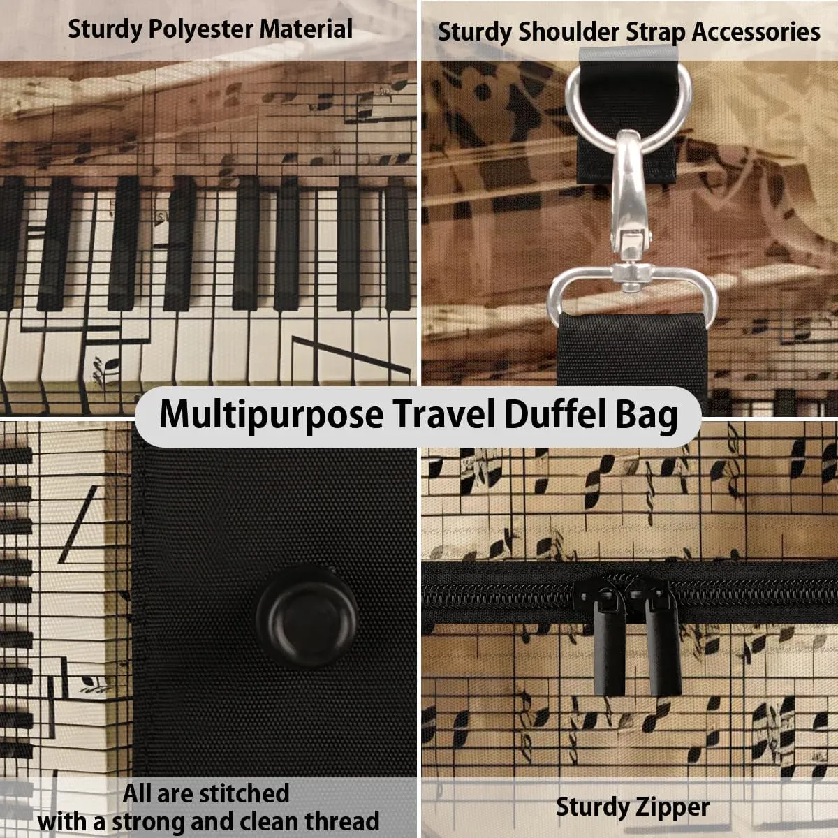 Piano Print Travel Duffel Bag for Women Men Waterproof Foldable Overnight Weekender Bag Large Capacity Sports Gym Bag