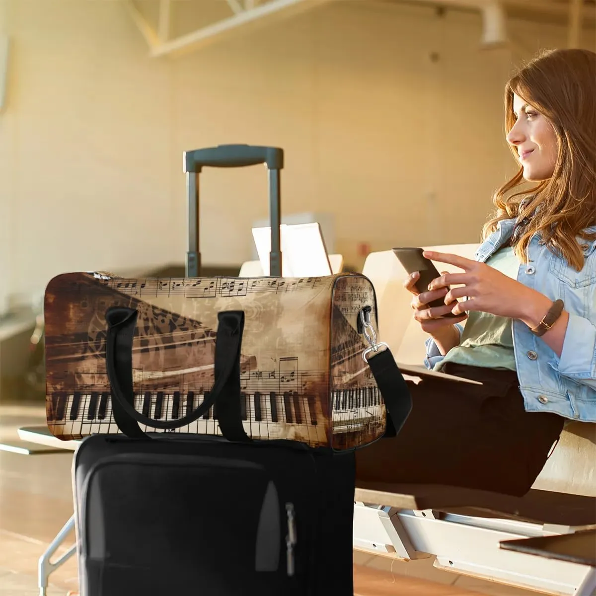 Piano Print Travel Duffel Bag for Women Men Waterproof Foldable Overnight Weekender Bag Large Capacity Sports Gym Bag
