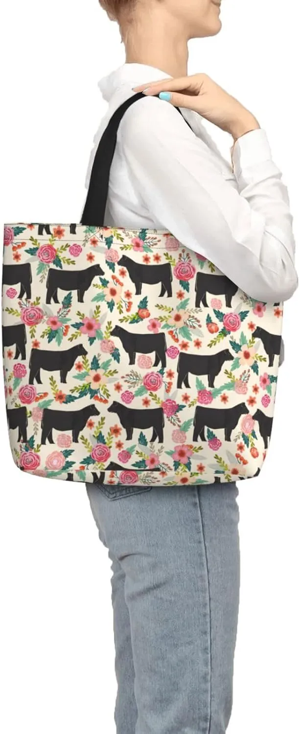 Pink Flower Show Steer Cows Tote Bag For Women, Large Shoulder Bag Top Handle Handbag For Travel, Work