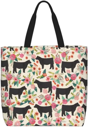 Pink Flower Show Steer Cows Tote Bag For Women, Large Shoulder Bag Top Handle Handbag For Travel, Work