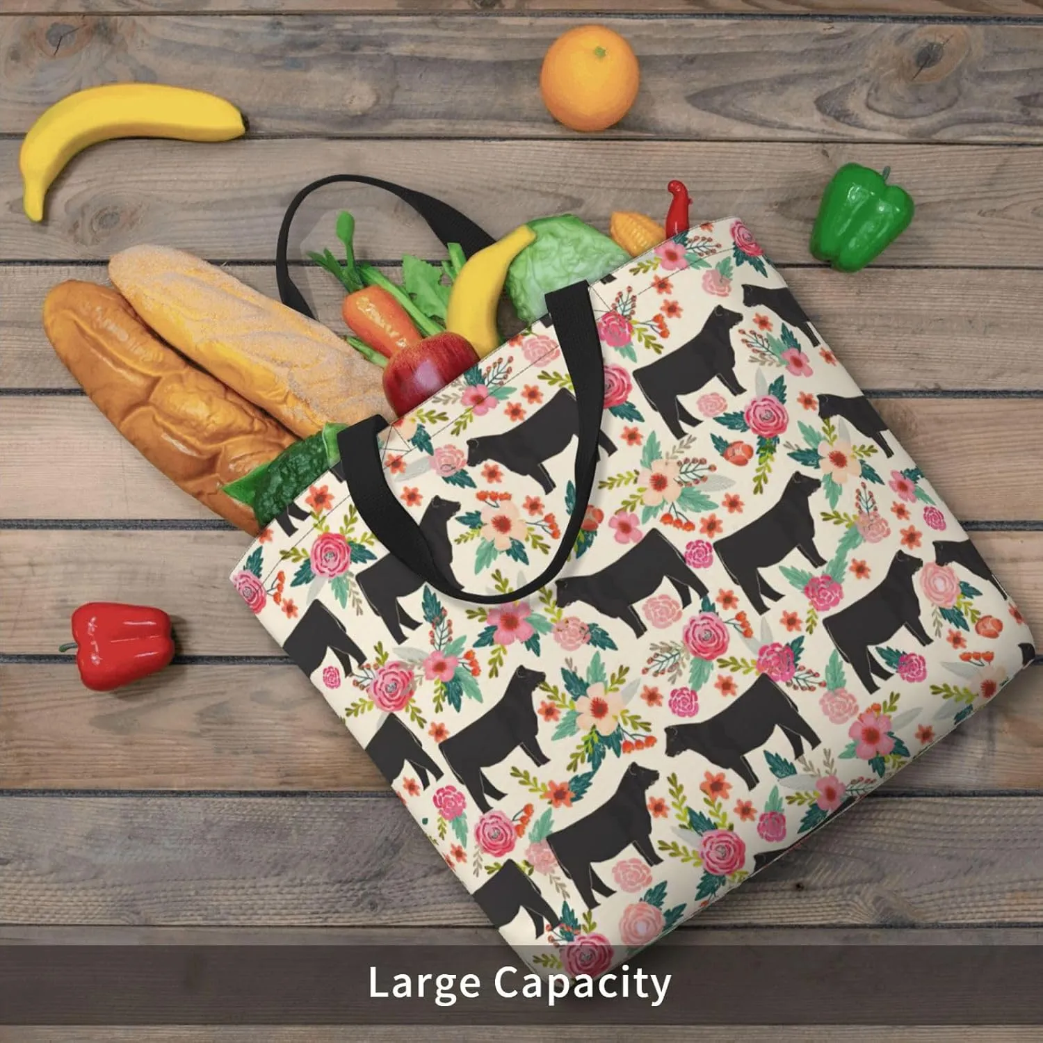 Pink Flower Show Steer Cows Tote Bag For Women, Large Shoulder Bag Top Handle Handbag For Travel, Work