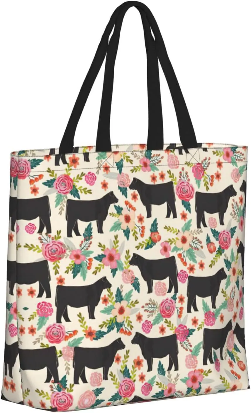Pink Flower Show Steer Cows Tote Bag For Women, Large Shoulder Bag Top Handle Handbag For Travel, Work
