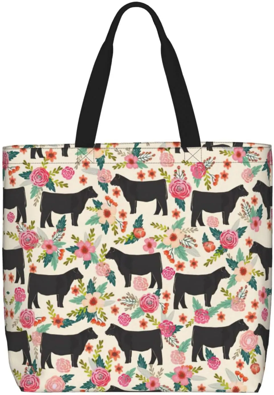 Pink Flower Show Steer Cows Tote Bag For Women, Large Shoulder Bag Top Handle Handbag For Travel, Work