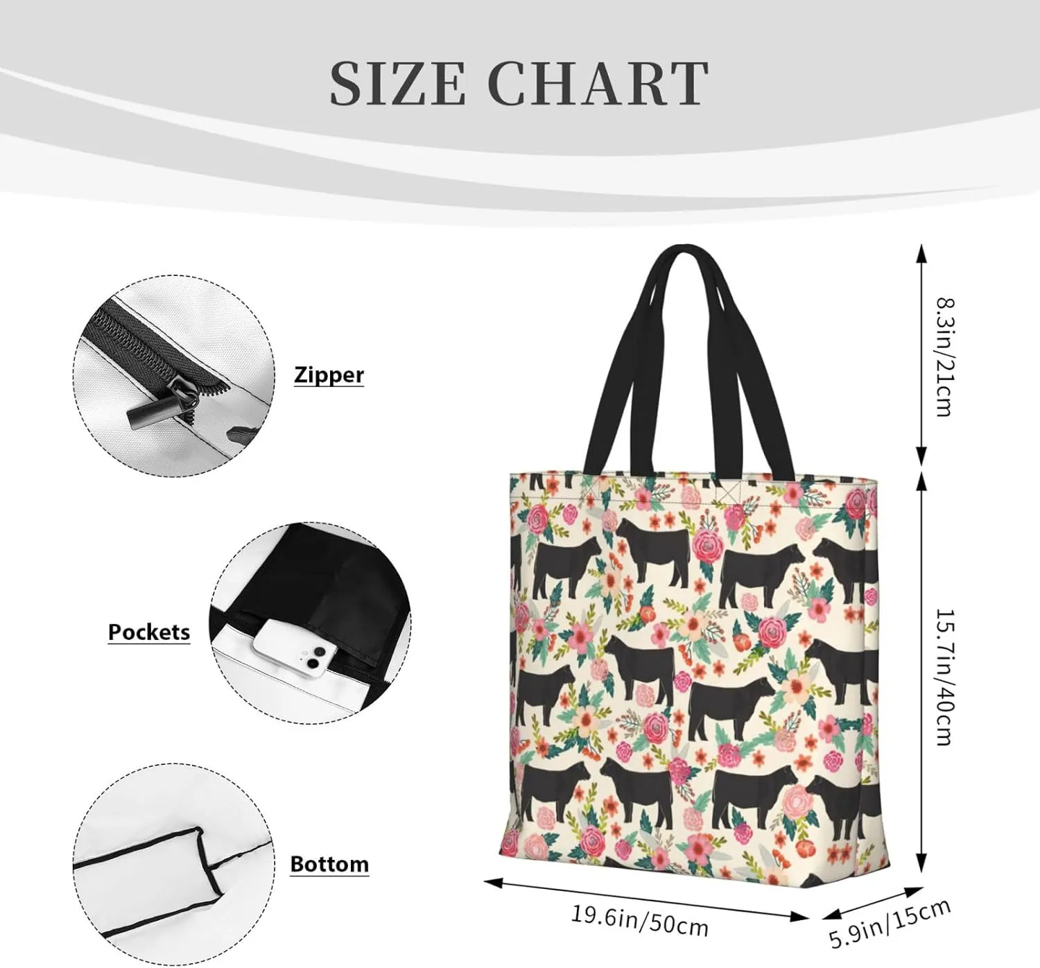 Pink Flower Show Steer Cows Tote Bag For Women, Large Shoulder Bag Top Handle Handbag For Travel, Work