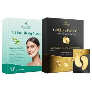 PLANTIFIQUE V-Line Mask 5 PCS- Chin Strap for Double Chin for Women & Men and Under Eye Patches for Dark Circles and Puffiness (20 pairs)