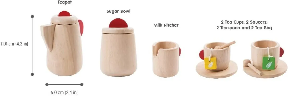 PlanToys Wooden Tea Set (3433) | Sustainably Made from Rubberwood and Non-Toxic Paints and Dyes