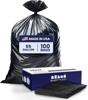 Plasticplace 55 Gallon Trash Bags │1.5 Mil │ Black Garbage Can Liners Compatible with Rubbermaid│ 40" x 50" (100 Count), 100 Count